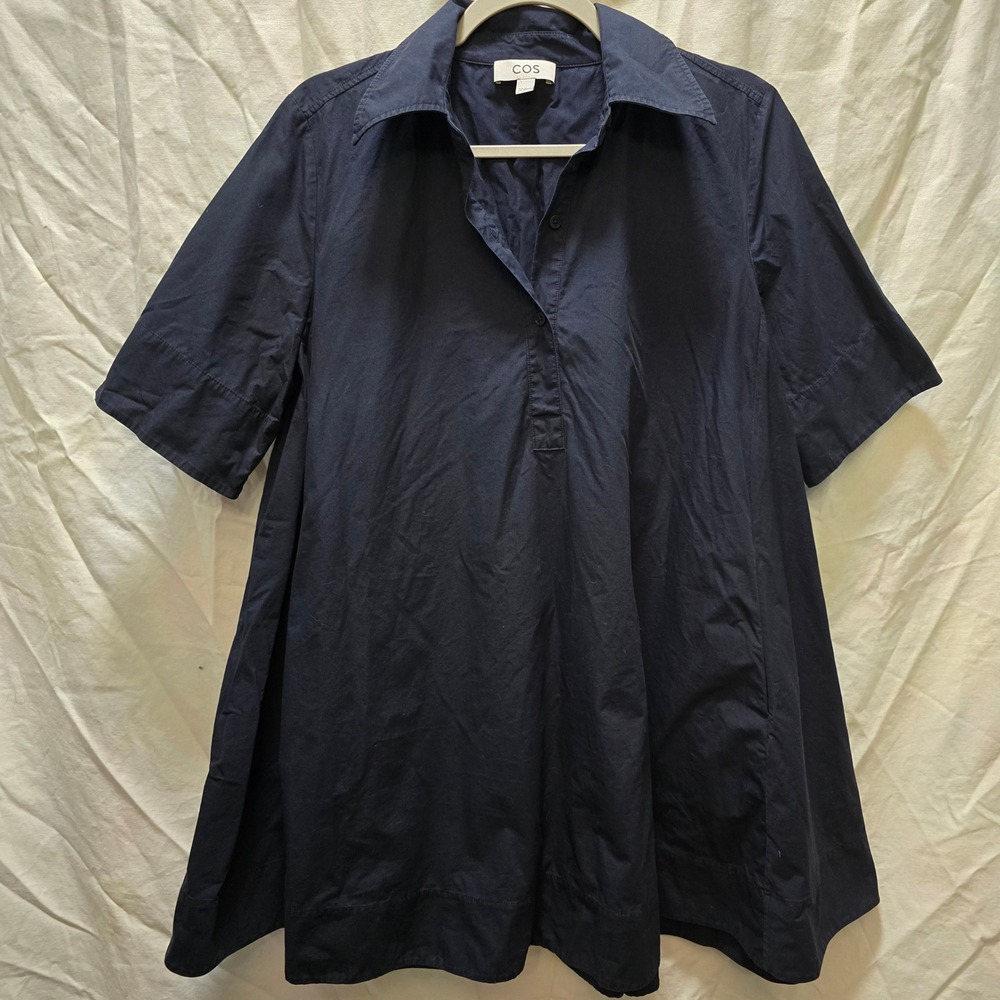 COS A-Line Mini Shirt Dress Navy Blue Cotton Short Sleeve XS Minimalist